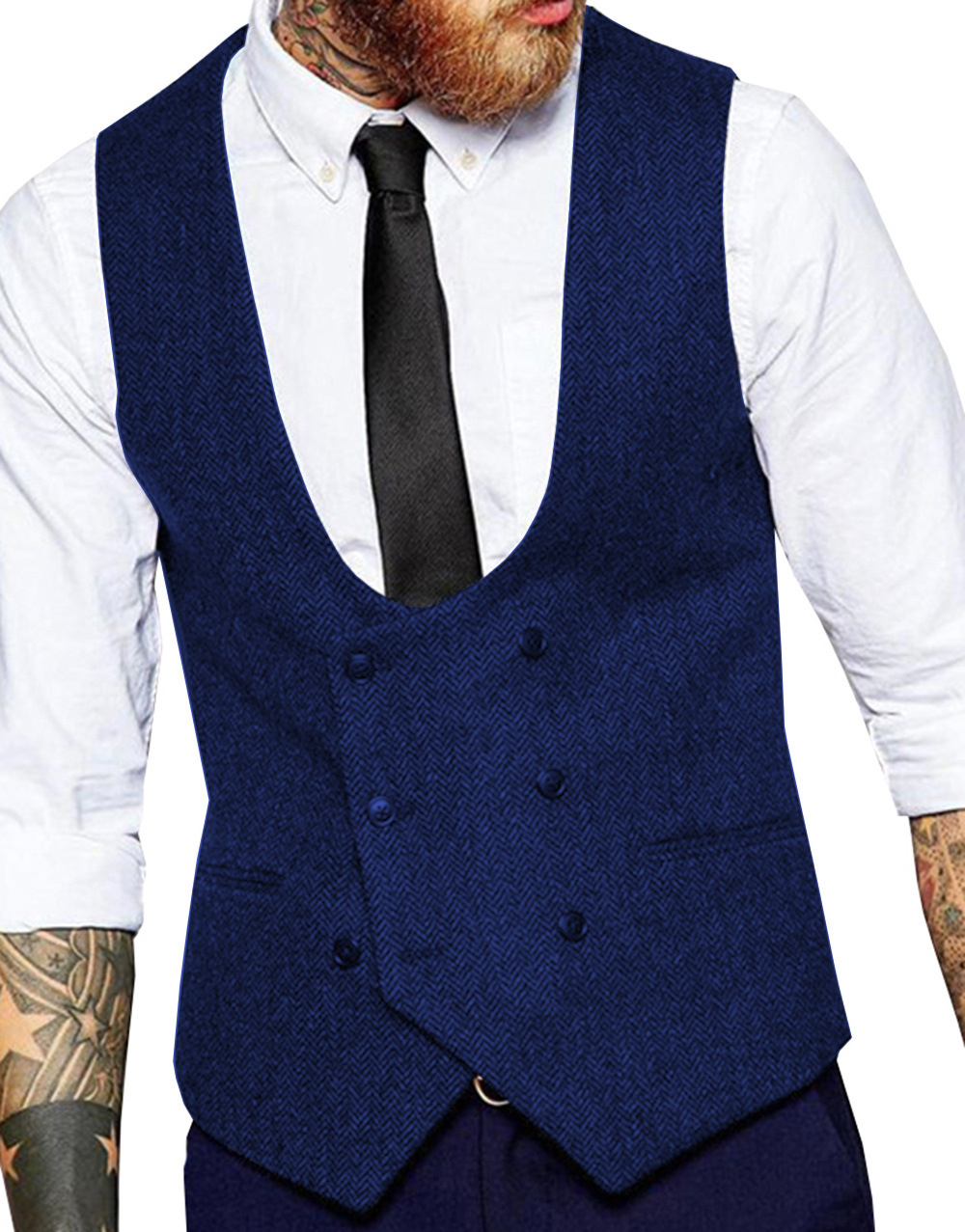 Men's suit vest V-nec fashionable formal slim fit double breasted 2 real pockets herringbone vest for the groom