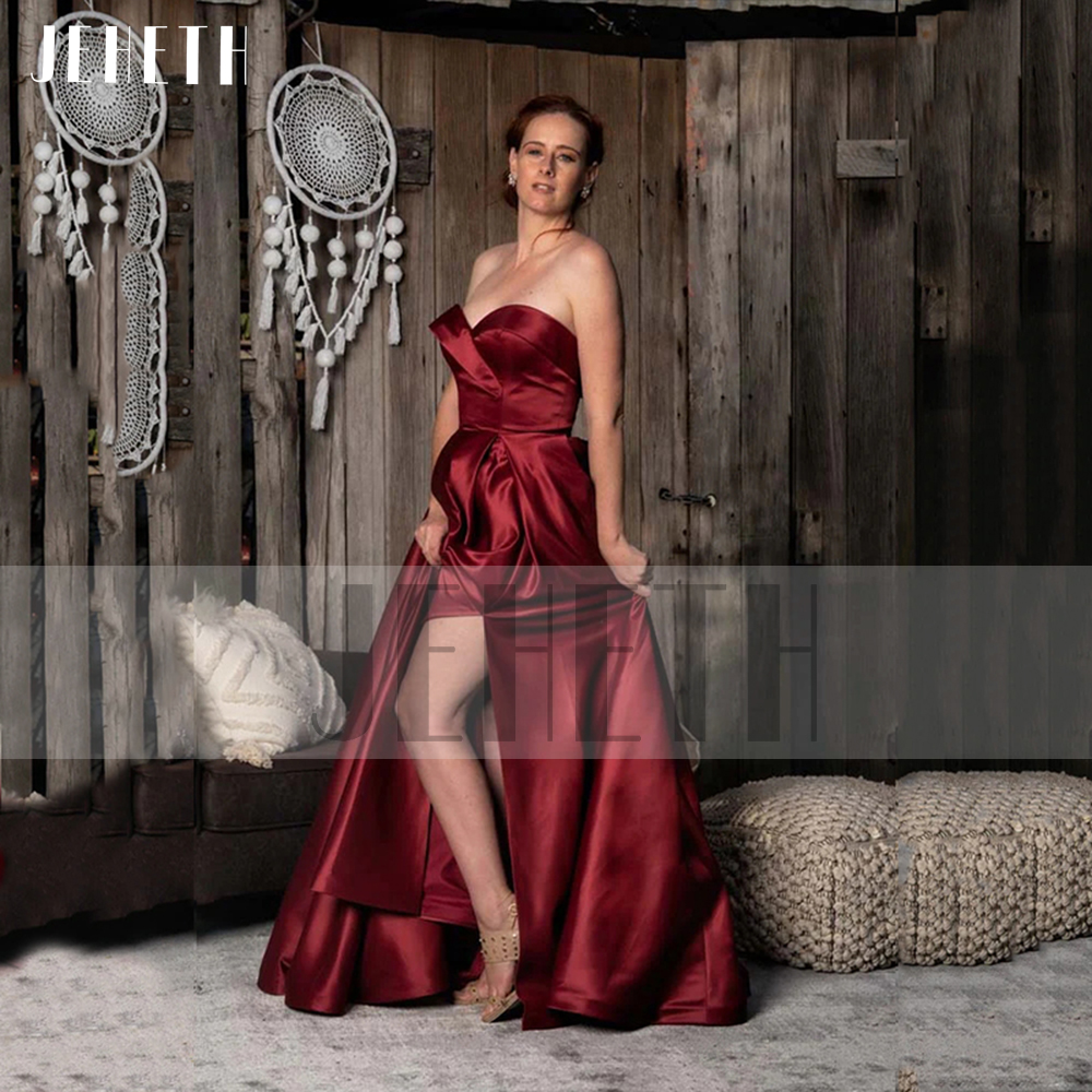 Jeheth Burgundy Satin Satin Satin Dress Women Elegancka ukochana strona rozdzielająca linia wieczorowa suknia imprezowa z kieszeniami