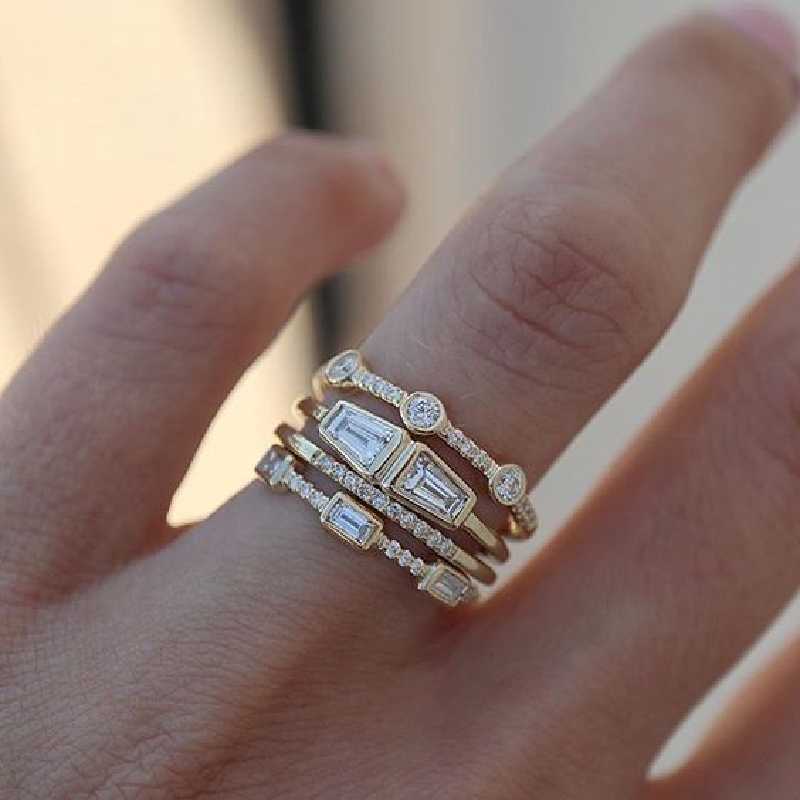 T GG Band Rings Set Geometric Gold Color Combination Round Zircon Crystal Set for Women Engagement Party Wedding Hand Jewelry AA230426