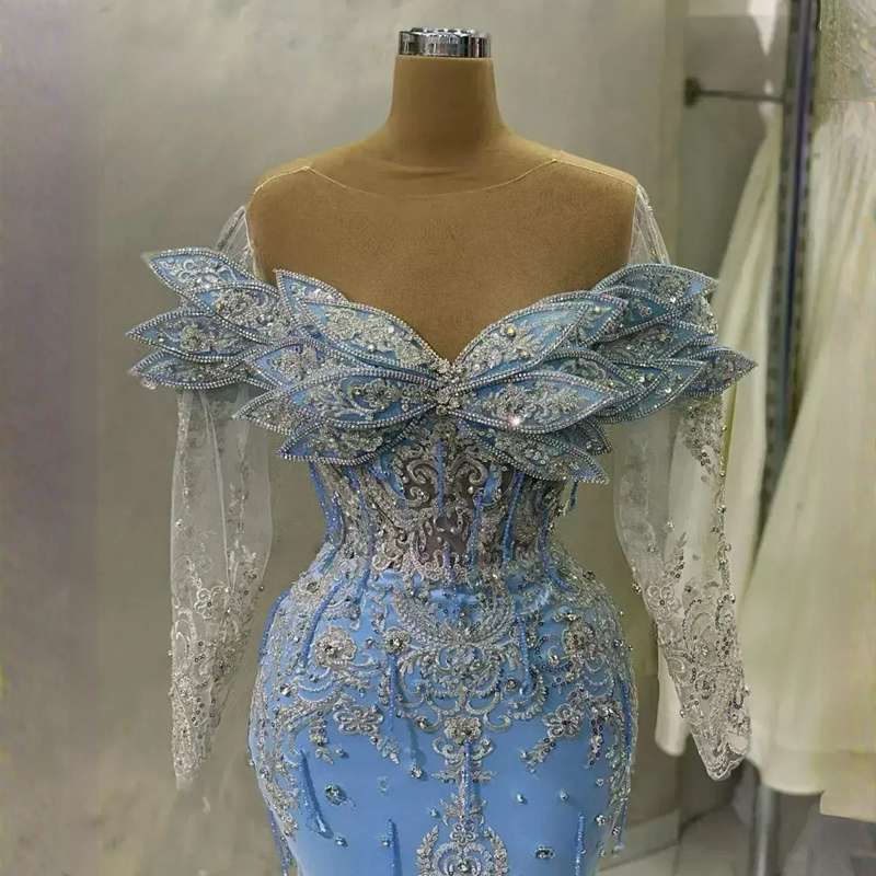 Bleu ciel Aso Ebi arabe sirène robe de bal dentelle perlée soirée formelle fête deuxième réception anniversaire robes de fiançailles robes Robe De soirée Robe de reconstitution historique ST389