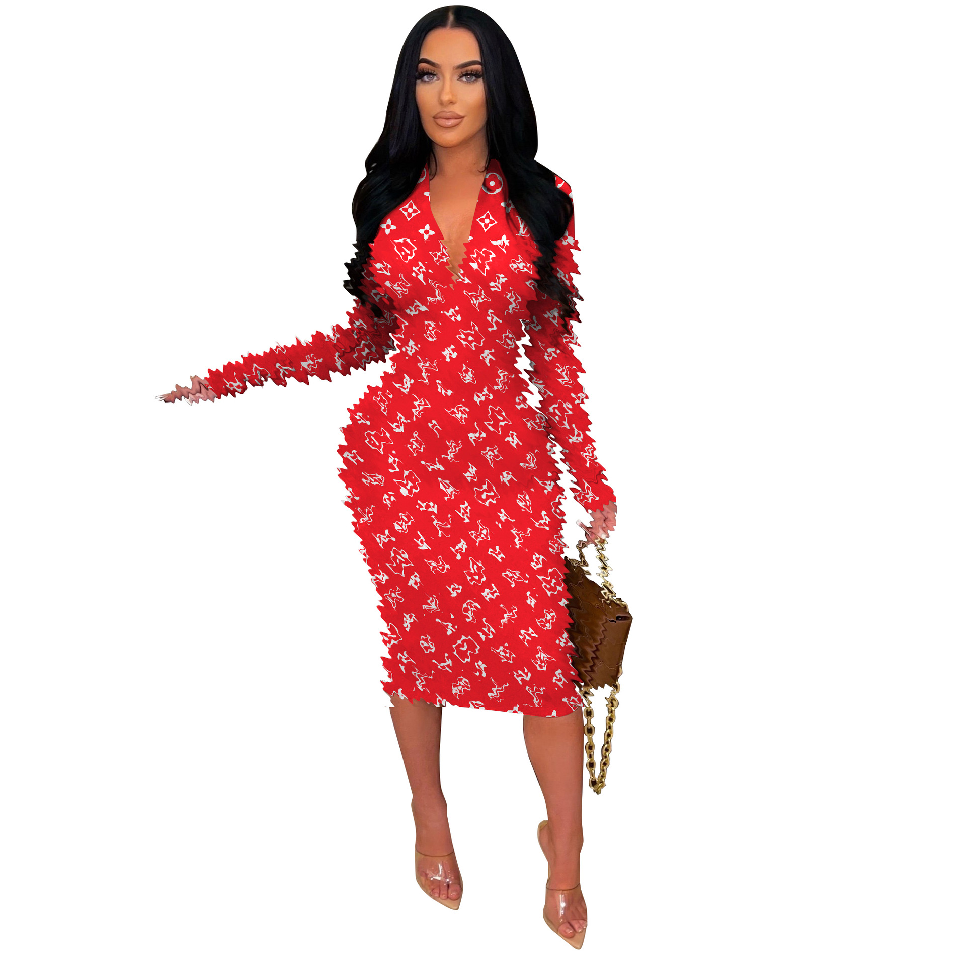 Sexy Deep V-neck Dresses Women Casual Print Long Sleeve Bodycon Pencil Dress Free Ship