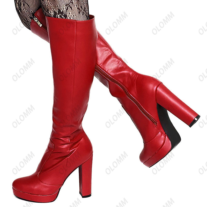 Olomm femmes hiver genou bottes rigide mat bloc talons bout rond joli bleu rouge noir Cosplay chaussures dames Plus taille américaine 5-20