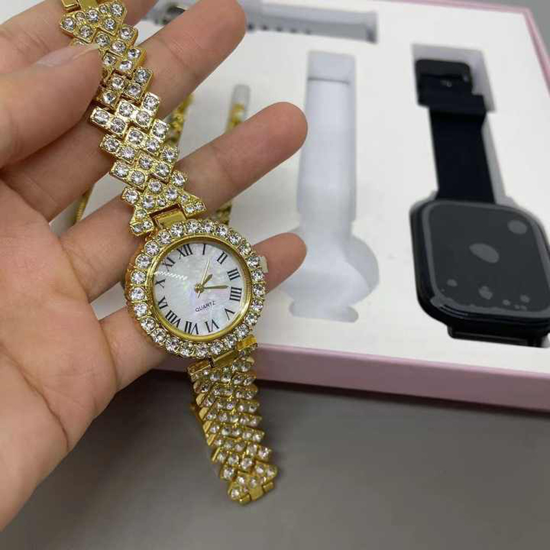 2024 새로운 디자인 커플 스마트 워치 8 in 1 Ladies Gold Watch 조합 선물 상자 피트니스 추적기 NFC 여성 남성 스마트 워치 A58 Plus