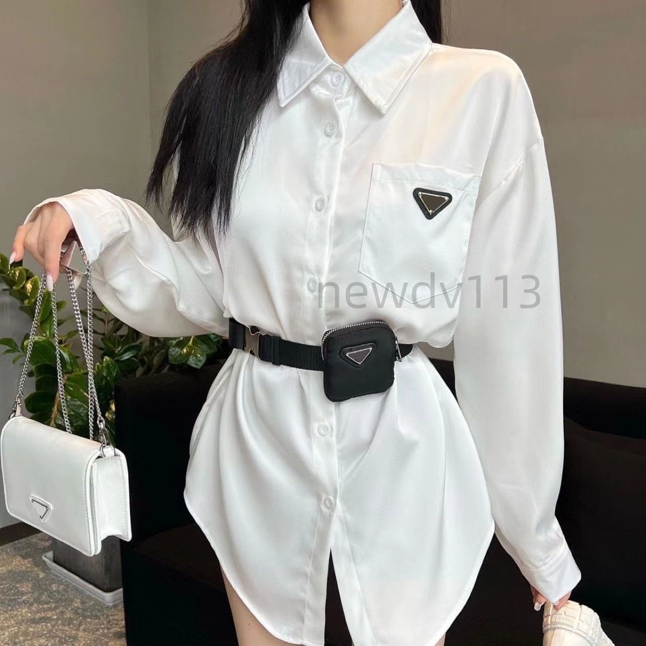 Women's designer Triangle Label women's shirt and blouse Fanny pack Fashion casual fabric textured lapel long sleeve shirt