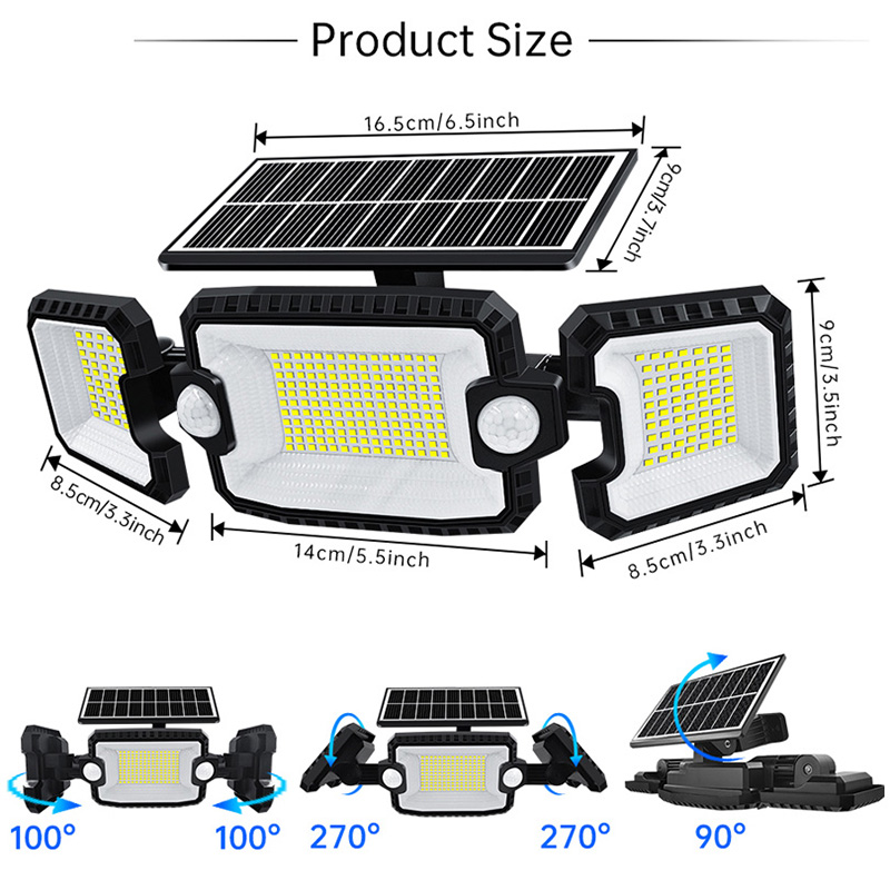 Luci da parete solari 305 LED Doppi sensori Impermeabile esterno 3 teste Luci di sicurezza grandangolare 270° con pannello solare in silicio monocristallino