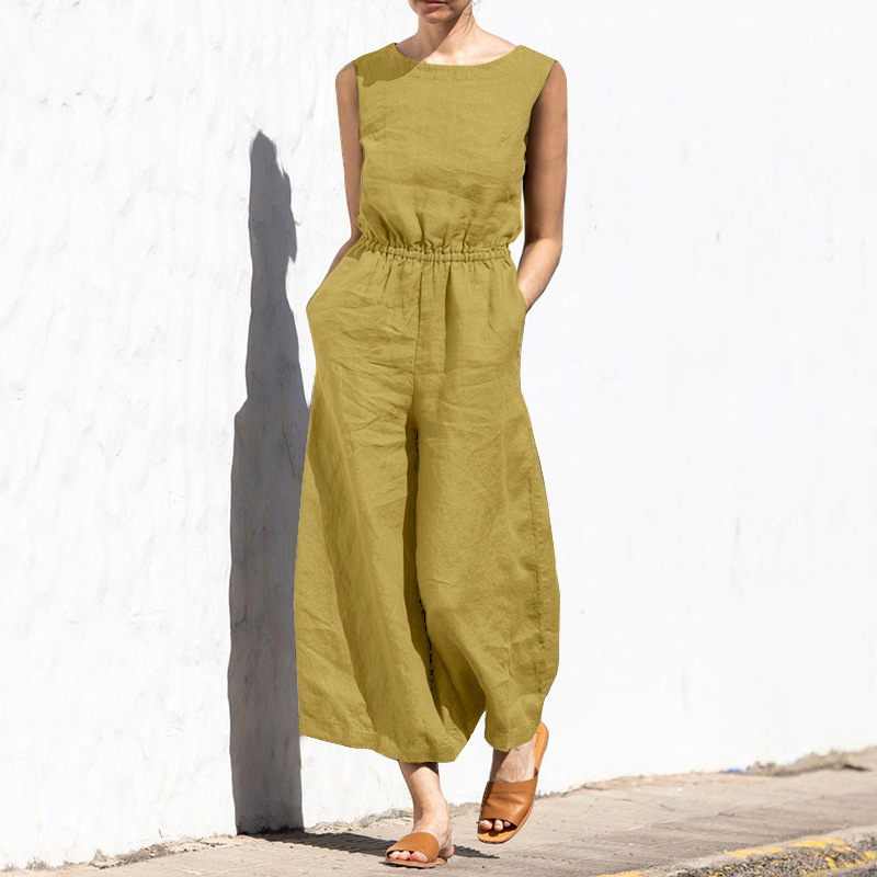 Summer Loose Solid Women Jumpsuits Summer Sleeveless O Neck Cotton Linen Romper Fashion Lady Elastic Waist Office Overall 2304272
