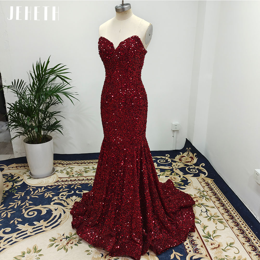 Jeheth Elegant Bling Sequin Mermaid Evening Dress Long Luxury с поездом Sparkly Sweetheart Neck Prom Party Gowns