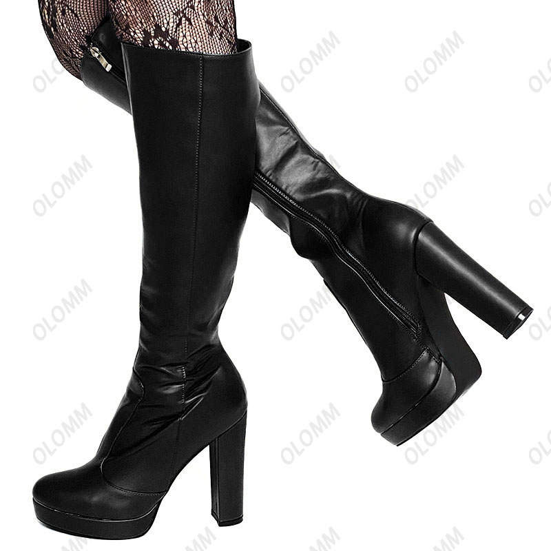 Olomm femmes hiver genou bottes rigide mat bloc talons bout rond joli bleu rouge noir Cosplay chaussures dames Plus taille américaine 5-20