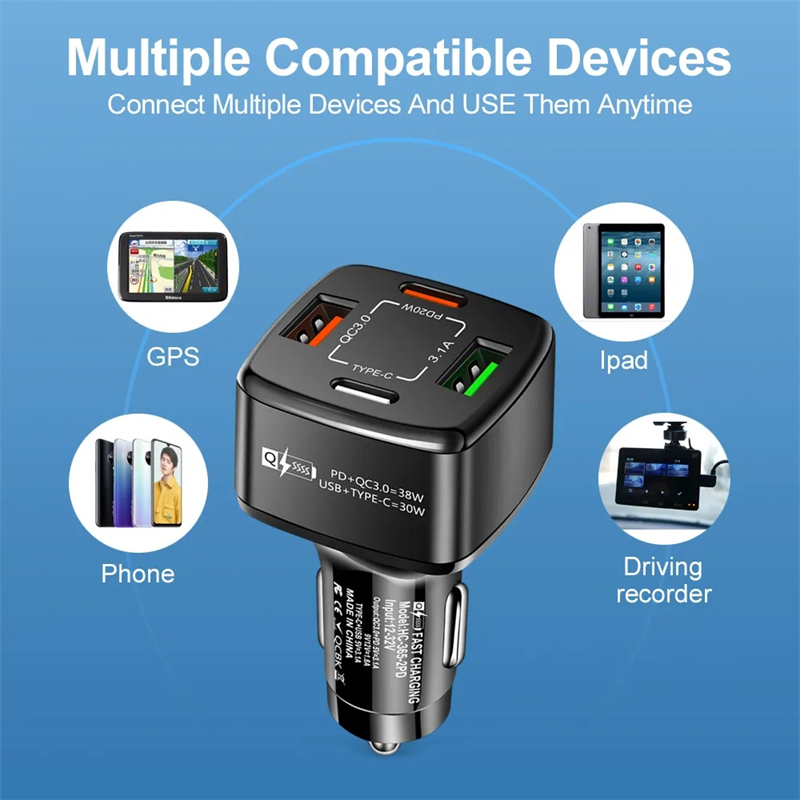 Chargeurs de voiture 38W Charge rapide double type-C QC 3.0 PD 4 ports chargeur de téléphone automatique à charge rapide pour iPhone 15 Samsung S24 Xiaomi Talbet avec emballage de vente au détail