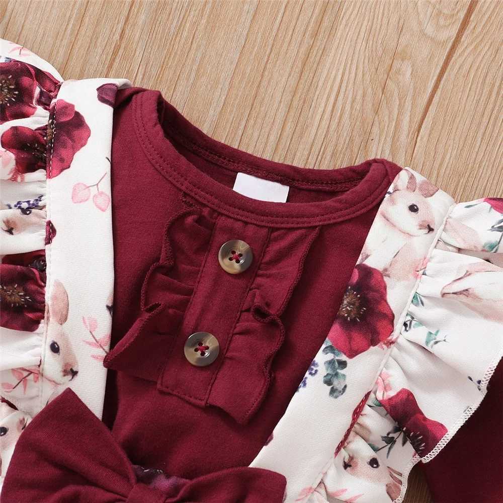 Ensembles de vêtements Bébé fille vêtements ensemble couleur rouge longue body fleur sangle pantalon 2 pièces infantile fille nouvel an vêtements costume R231127