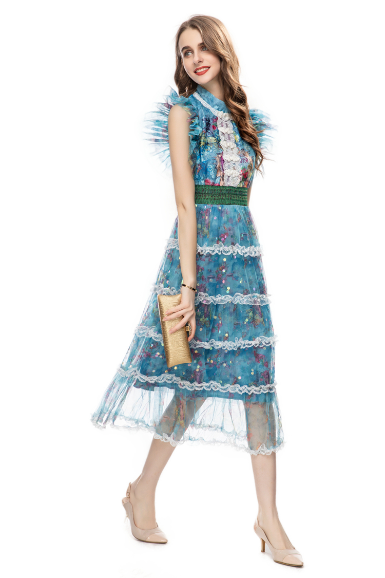 Robes de piste pour femmes O Neck Tiered Ruffles Lace Patchwork Fashion High Street Vestidos