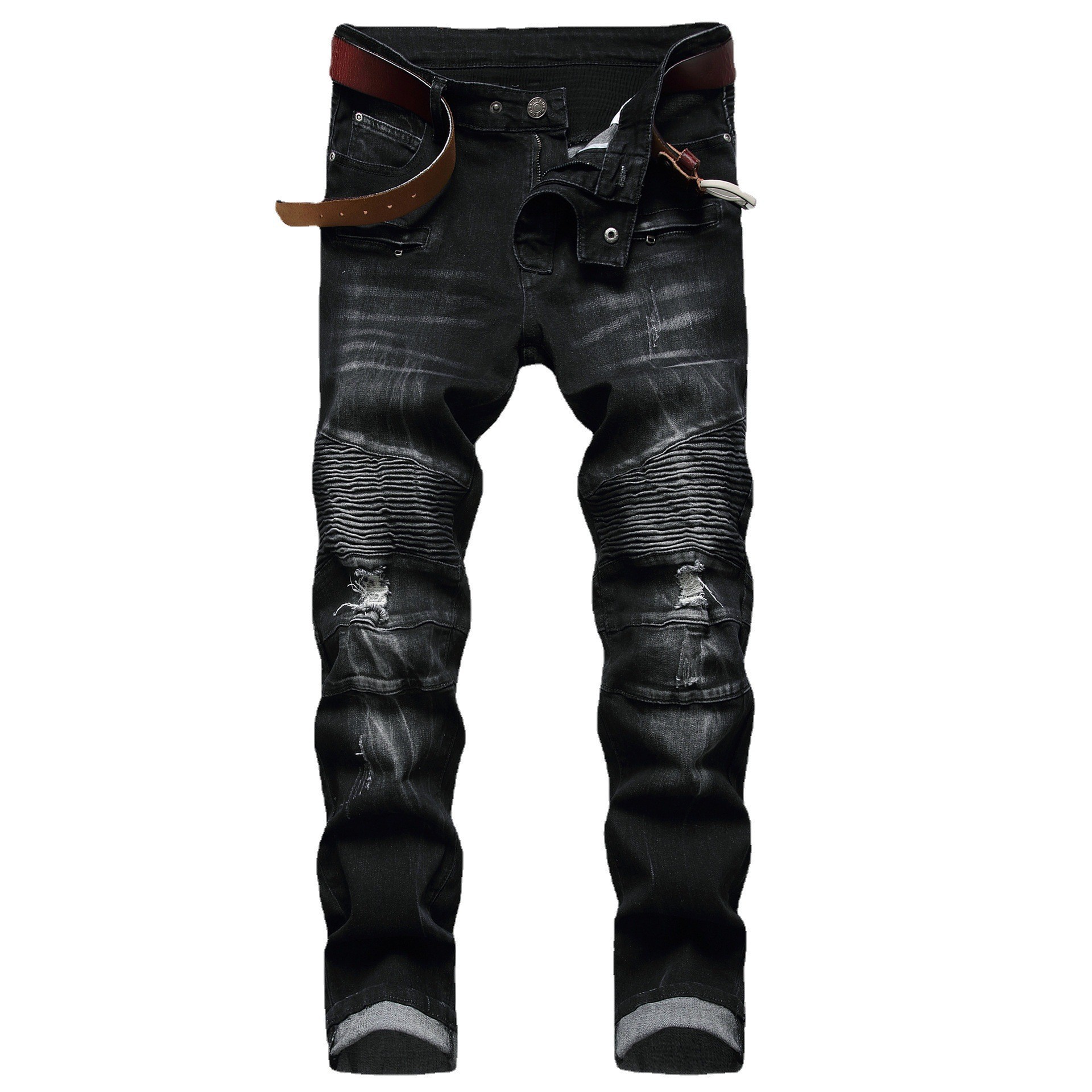 New Fashion Vintage Moto Biker Jeans Men Hip Hop Streetwear Ripped Denim Pants Trousers Zipper Male Slim Fit Clothes