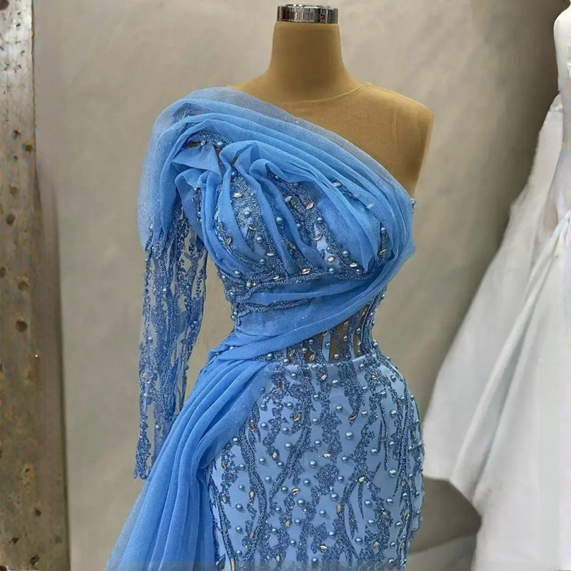 Sky Blue Aso Ebi Arabic Mermaid Dress One Rzemant koronkowy koraliki Formalne przyjęcie Drugi przyjęcie urodzinowe suknie zaręczynowe sukienki szat de soiree.