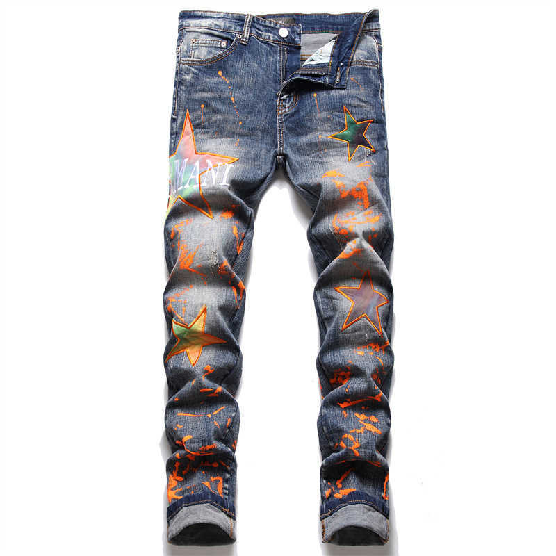 Jeans masculino de alta qualidade jeans masculino com letra estrela jeans masculino bordado com retalhos jeans rasgado marca tendência calça de motocicleta masculina jeans skinny