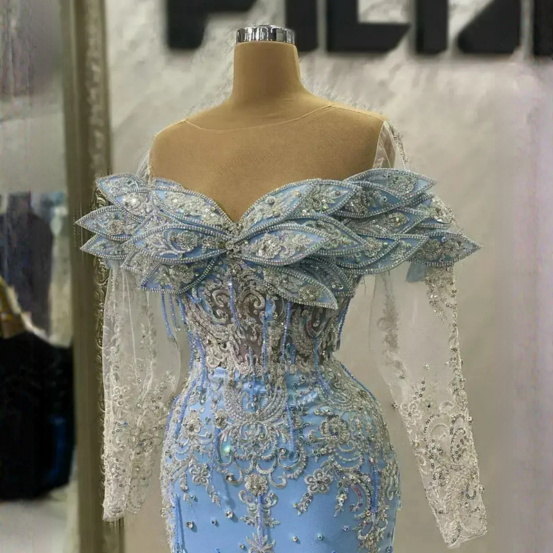 Bleu ciel Aso Ebi arabe sirène robe de bal dentelle perlée soirée formelle fête deuxième réception anniversaire robes de fiançailles robes Robe De soirée Robe de reconstitution historique ST389