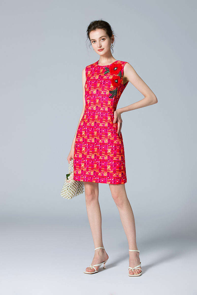 Runway-Kleider für Damen, O-Ausschnitt, ärmellos, bedruckte Applikationen, elegante Modedesigner-Kurz-Vestidos