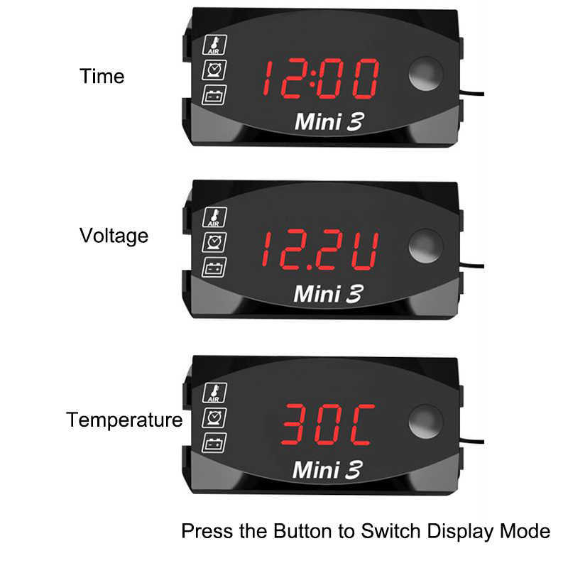 Multifunktion Digital tidsklocka Termometer Voltmeter DC 12V 3 i 1 LED -skärm för motorcykelskoterbil Båt IP67 Vattentät