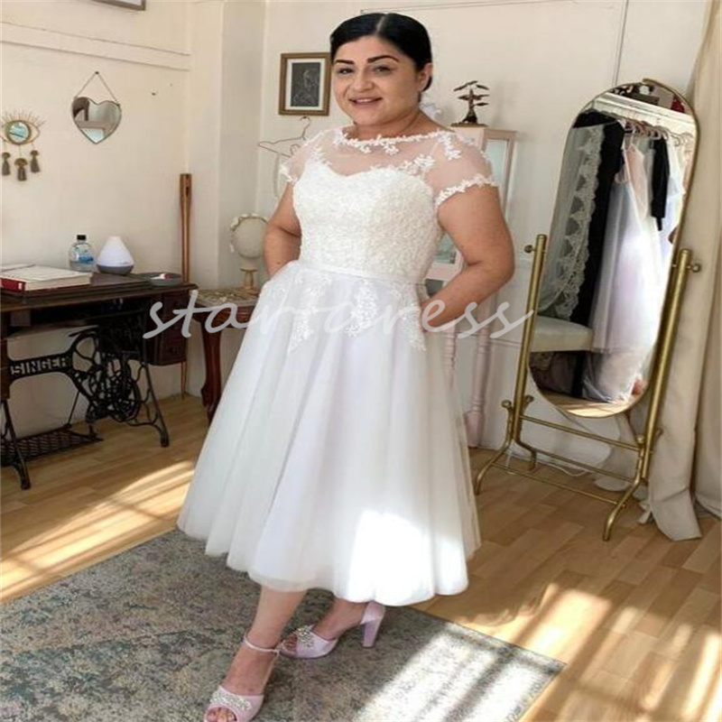 Plus Size Tea Length Wedding Dress 2024 Sexy Open Back Country Boho Lace Bridal Gowns Elegant Short Gatsby Beach Garden Bride Dress For Women Lace Chic Robe De Mariage