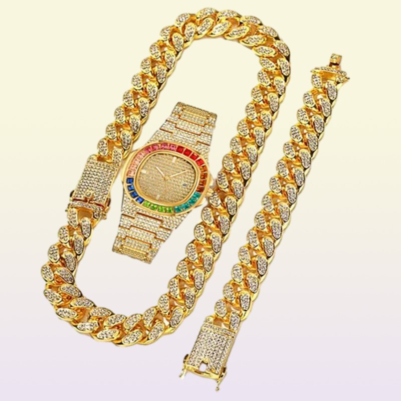 Chains Necklace Watch Bracelet Miami Cuban Link Chain Big Gold Iced Out Rhinestone Bling Cubana Mens Hip Hop Jewelry 2021933