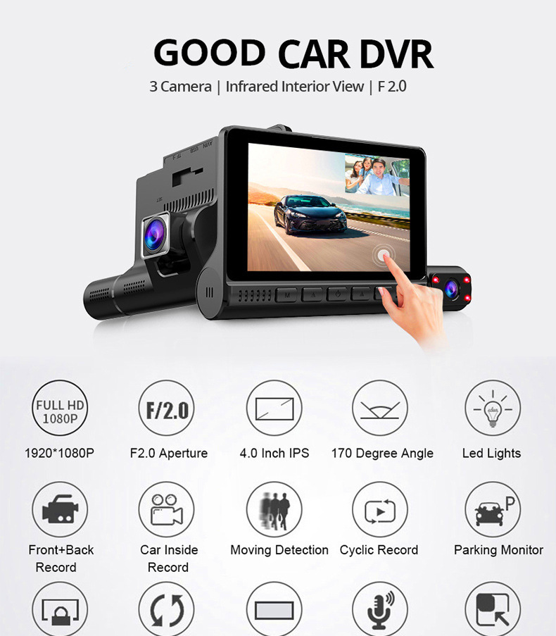 Högkvalitativ 4 tum HD 1080p CAR DVR Video Recorder Dash Cam 3 Lens Smart G-Sensor Bakkamera 170 graders vidvinkel Ultraupplösning Front med inre och bakre kamera