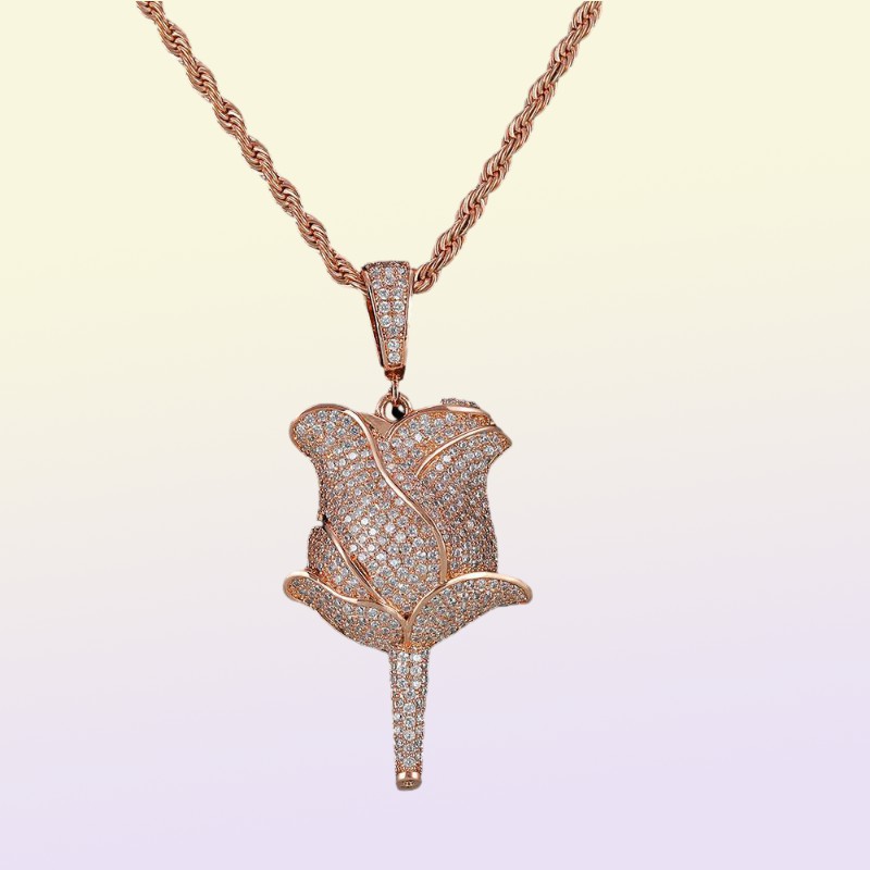 Hip Hop Rose Flower Pendant Necklace Rope Chain Iced Out Cubic Zircon Bling Men Jewelry locket necklaces8592399