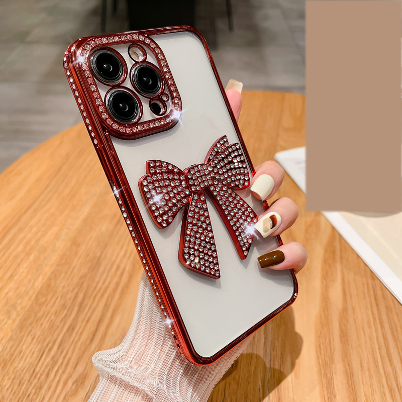 Bowknot Bling Diamond Side Chromed Cases For Iphone 15 14 Pro Max Plus 13 12 11 Luxury Bling Bow Metallic Rhinestone Plating Clear Soft TPU Girls Fine Hole Phone Cover