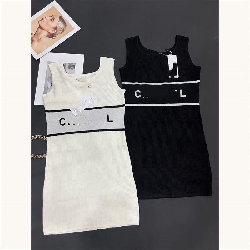 New style women's sleeveless knitted elastic waist letter print tank dress SML