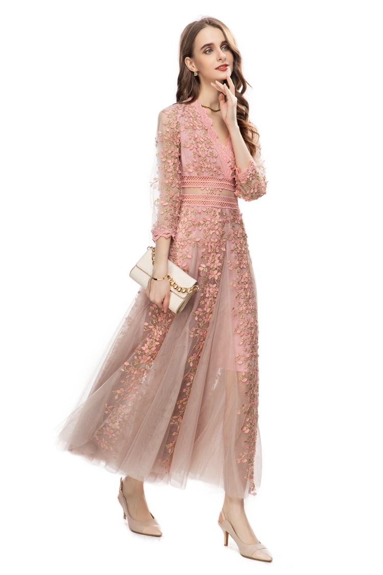 Sukienki damskie seksowne v szyję długie rękawy haft haftowy mesh patchwork elegancki projektant imprezowy suknia balowa