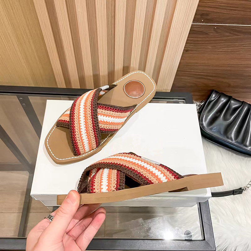 2023 Designer luxury Woollen woven cross Slides slippers womens patchwork color outside wear casual sandal lady fashion casual Flat Square head flip-flops slipper