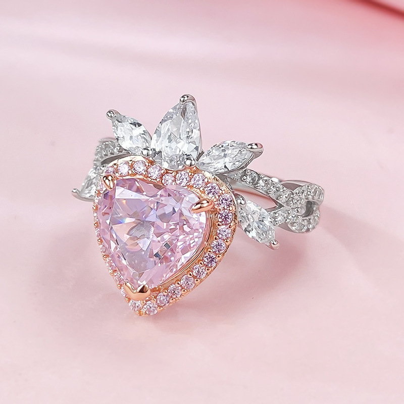 Queen Heart Pink Moissanite Diamond Pierścień 100% Real 925 Srebrny Party Wedding Pierścienie dla kobiet mężczyzn biżuterii zaręczyn