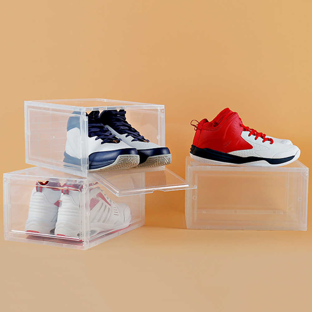 Kutu kutuları sıcak clamshell istiflenebilir toz geçirmez ayakkabılar depolama konteyneri ekran ayakkabıları kutu organizatör organizatör organizasyonu de zapatos w0428