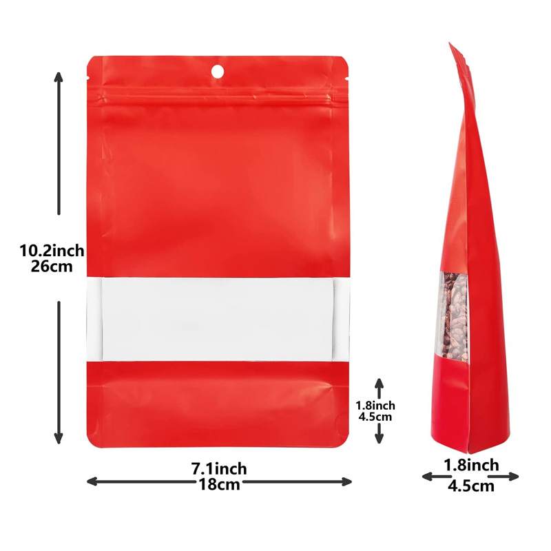 Sacs auto-scellants rouges en papier d'aluminium mat avec fenêtre frontale transparente, pochette refermable thermoscellable pour le stockage des aliments LX4327