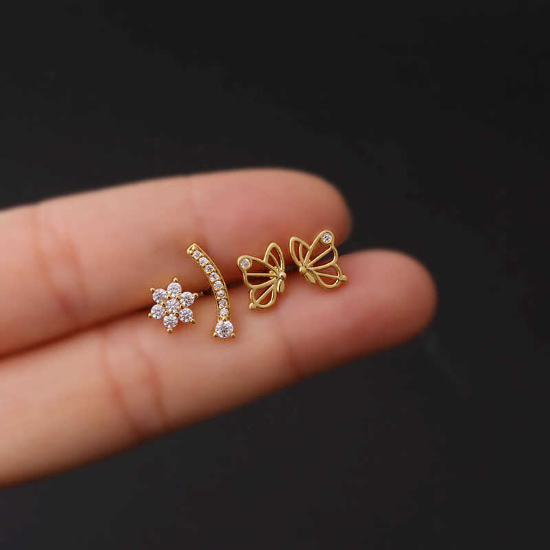 Henson Stainless Steel Thick Rod Ear Nail Stud Earrings Flower Hollow Butterfly Cubic Zirconia Earbone Studs Fashion Puncture Earring Single 14k Gold Jewelry Gift
