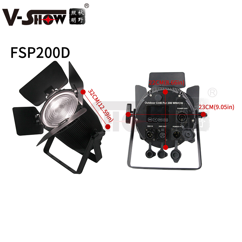 V-show 200w Fresnel Spotlight Cold White eller Warm White Waterproof IP65 DMX512 Kontroll utomhus LED-vikning