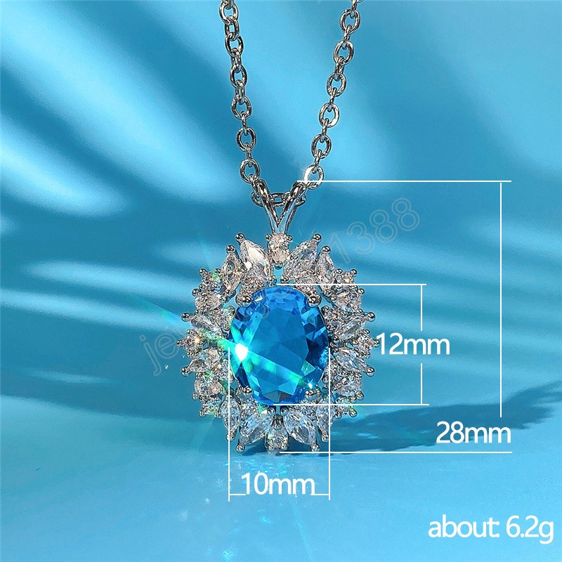 Oval Cut Aqua Blue Color Crystal Stone Cubic Zirconia Necklace For Women Banquet Party Jewelry Gift