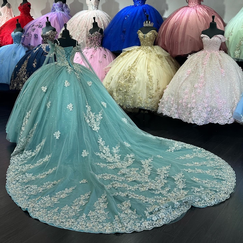 Aquablaues, glänzendes Quinceanera-Kleid, Ballkleid, Schnürung, Abschlussfeier, Schatz, Quinceanera de 15 Jahre, Applikation, Spitze, Perlen, süßes 16-Kleid