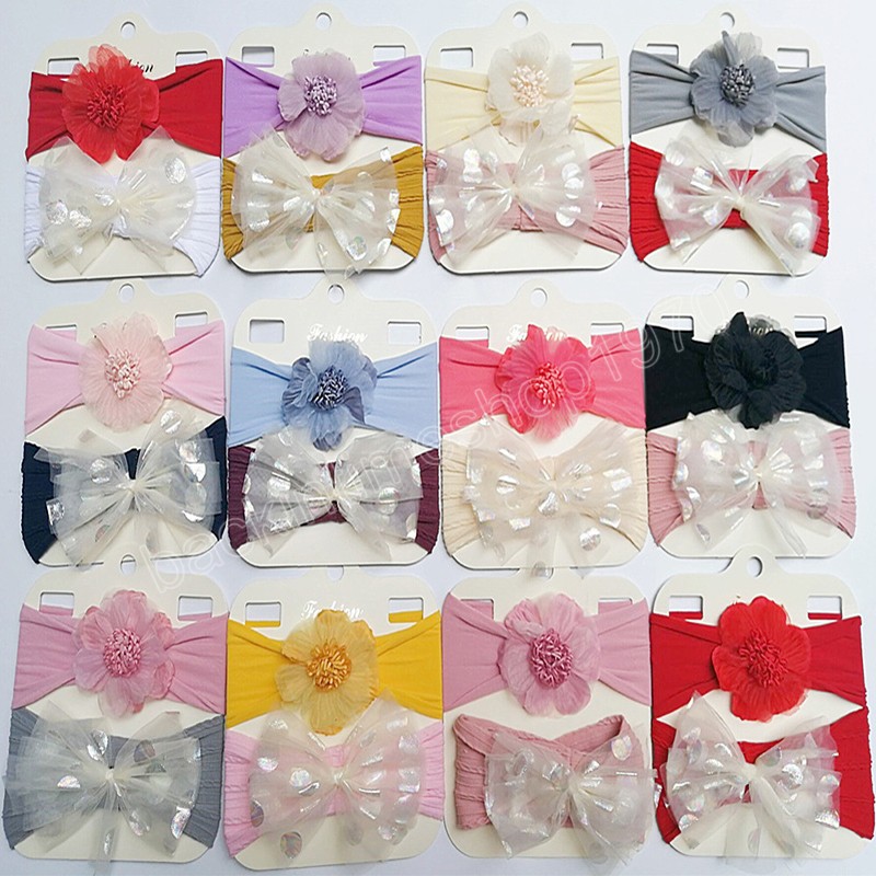 Lovely Artificial Flower Elastic Hairband Shining Net Yarn Bows Baby Headband Princess Headwear Birthday Gifts