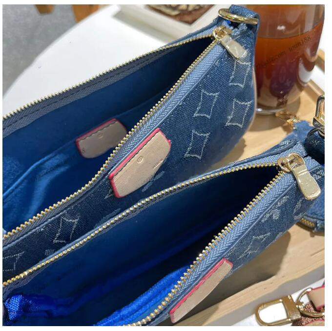 22FW Women Luxurys Designers Denim Bags 3 em 1 Pochette Handbag Inkjet Flower Bag Accessoires Genuine Leather Messenger Ladies Travel Handbag 24cm