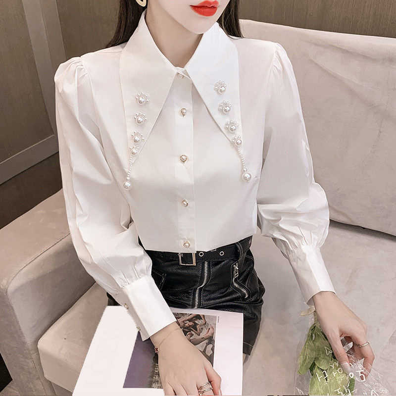 Women's Blouses Shirts 2022 Autumn Korean Trendy Retro Elegant White Blouse Top Female Chic Beads Long Sleeve Loose Work Wear Button Up Shirt for Women P230427