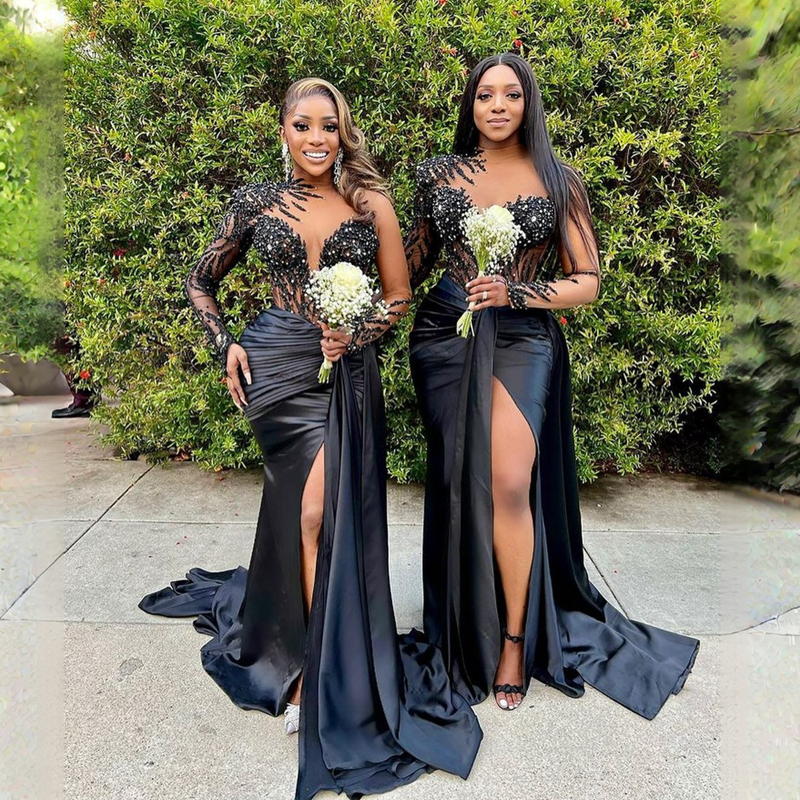 Aso Ebi Mermaid Bridesmaid Dresses Mermaid Black Long Sleeves Appliques Split Beaded Tulle Maid of Honor Gowns for Wedding Guest's Dress Afican Arabic Dress BR001