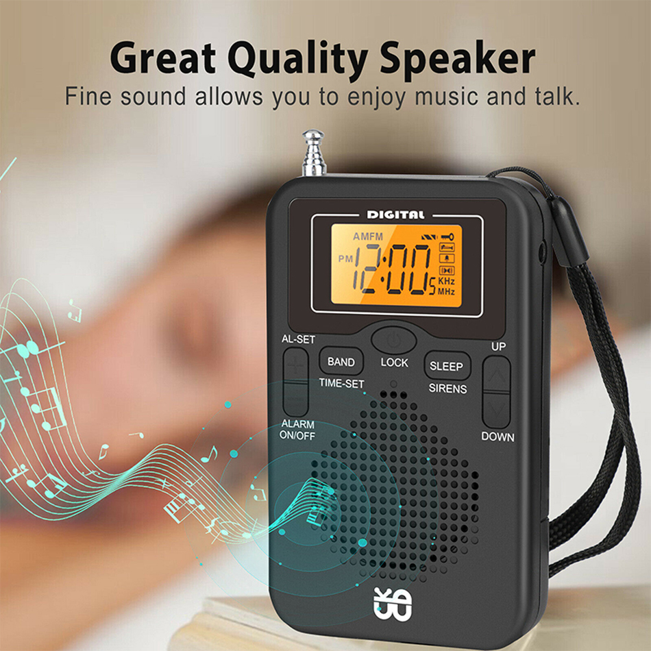 Portable Radio Mini AM FM Weather Radio Pocket Radio Player LCD-skärm Digital Alarm Clock Radio Long Range Bästa mottagning W-206