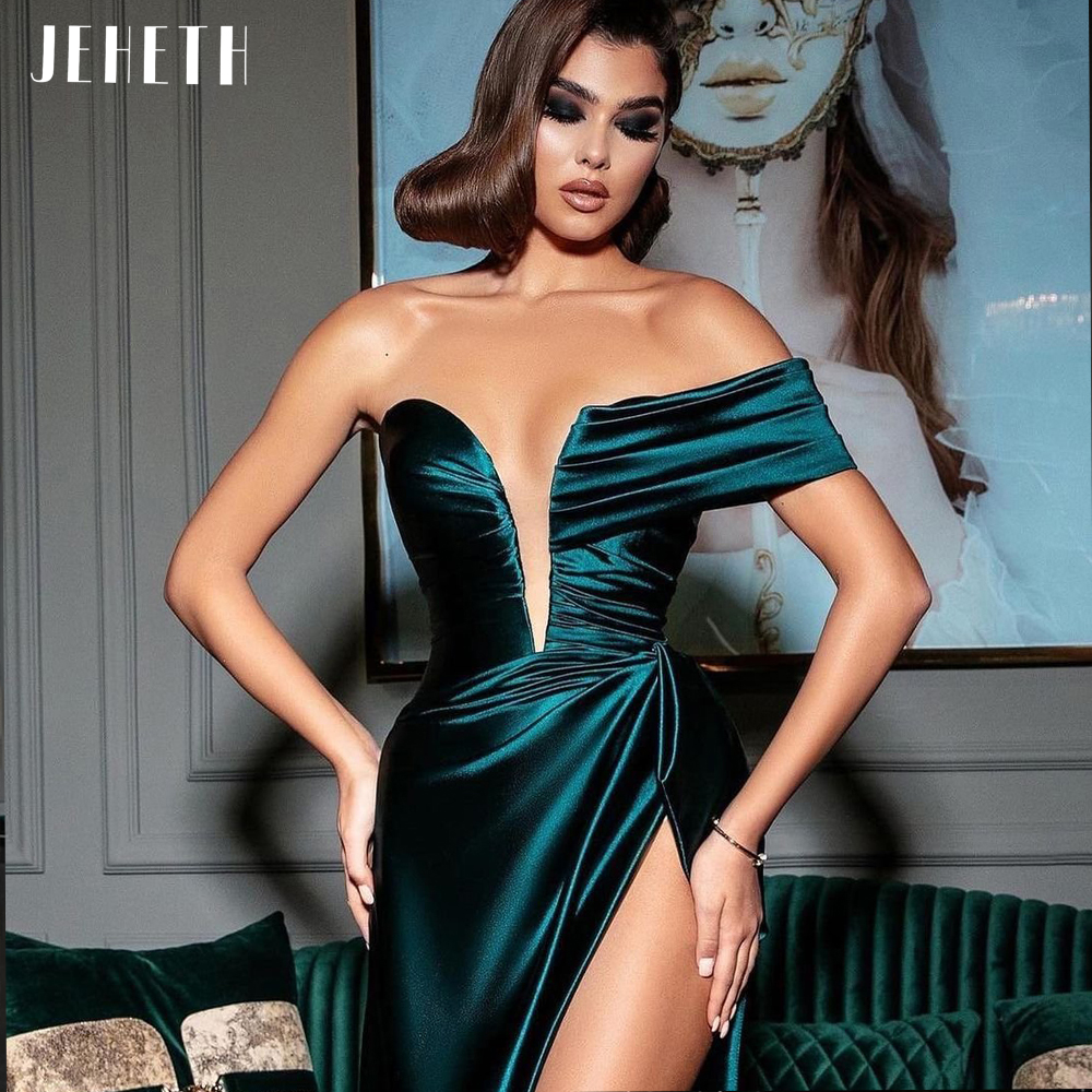Jeheth Sexy One Shourdeld Satin Satin Satin Mermaid Dress High Split Lackless Prom Calktail Party Gown Length Robes