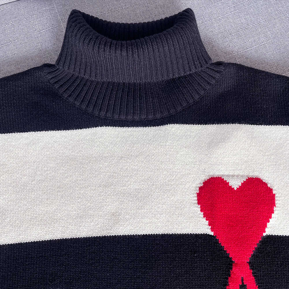 The correct version amis sweater winter love jacquard stripe high neck warm men women's loose wool sweater07