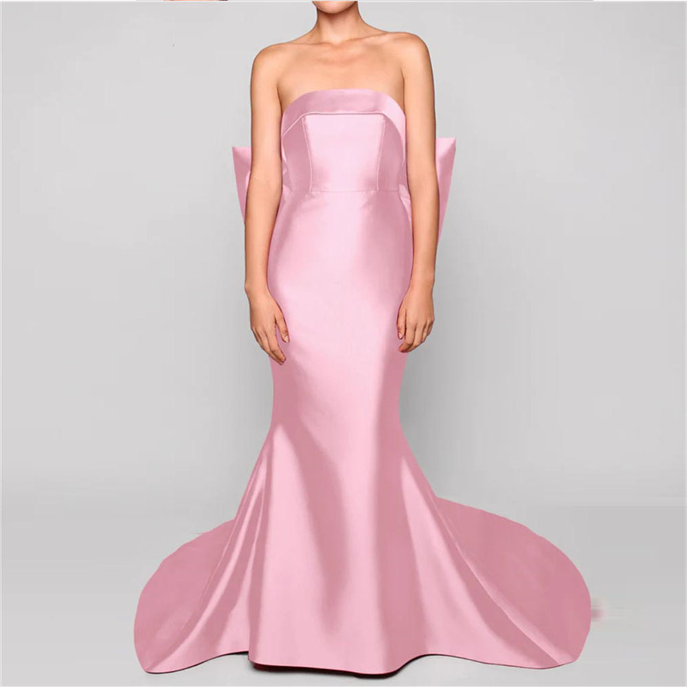 JEHETH Dunkelrotes Ballkleid, lange große Schleife, trägerloser Sweep-Zug, Satin, Meerjungfrau, formelle Abendgesellschaft, Robe de Soiree