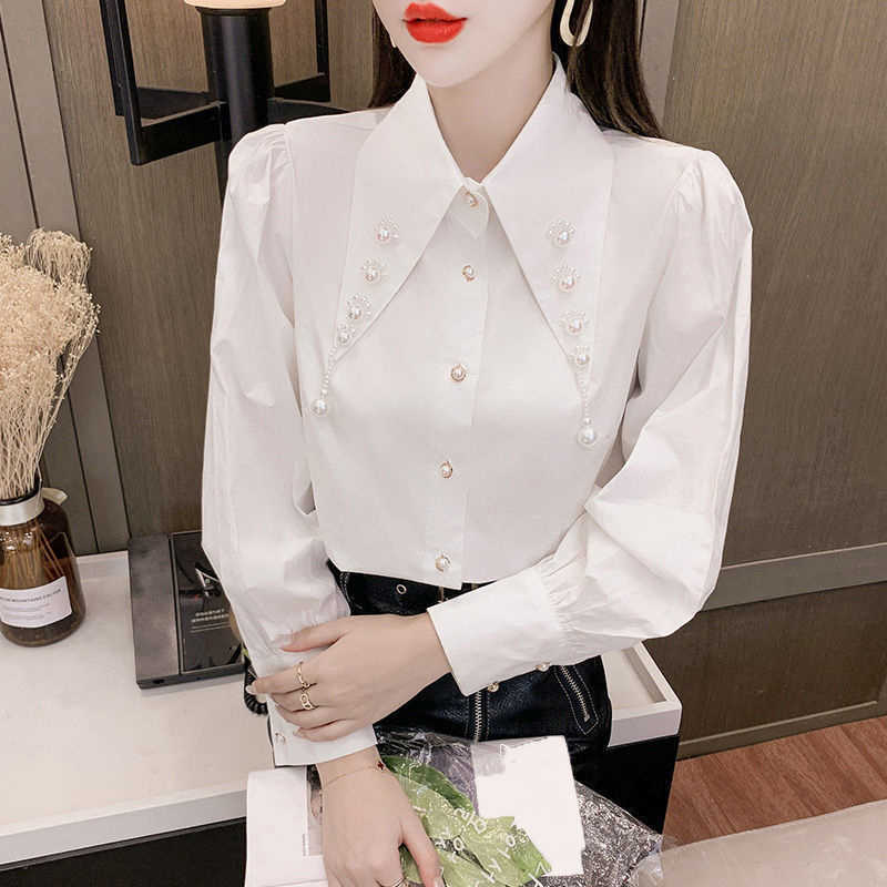 Women's Blouses Shirts 2022 Autumn Korean Trendy Retro Elegant White Blouse Top Female Chic Beads Long Sleeve Loose Work Wear Button Up Shirt for Women P230427