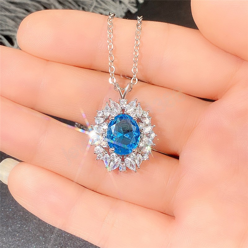 Oval Cut Aqua Blue Color Crystal Stone Cubic Zirconia Necklace for Women Banquet Party Jewelry Gift