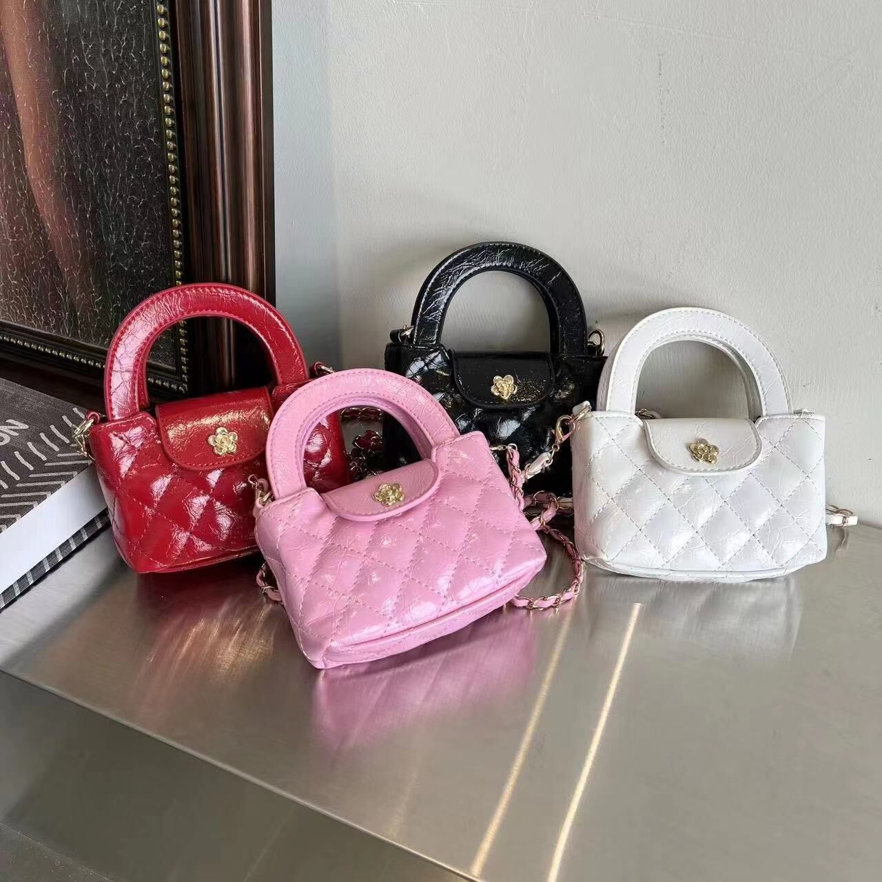 Fashion children diamond checkered handbags INS girls metal letter flower chain one shoulder bags kids PU leather crossbody bucket bag S0896