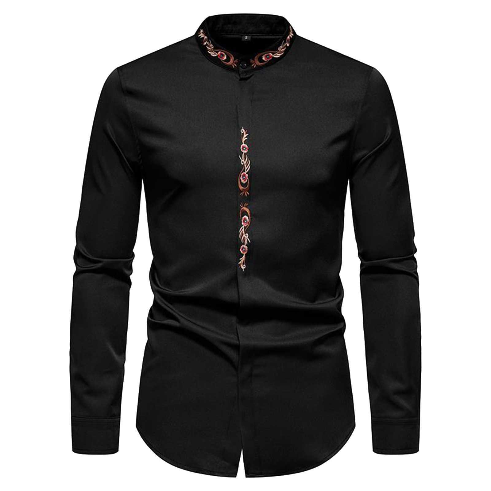 Chemises habillées pour hommes Printemps Eté Mode Nouvelles chemises pour hommes Floral brodé Chemise à manches longues pour hommes Couleur unie Slim Fit Tops Ropa De Hombre P230427