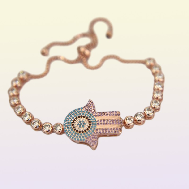 whole high quality CZ purple blue hamsa hand bracelet turkish jewelry turquoises stone tennis chain adjustable bracelets42711315364103