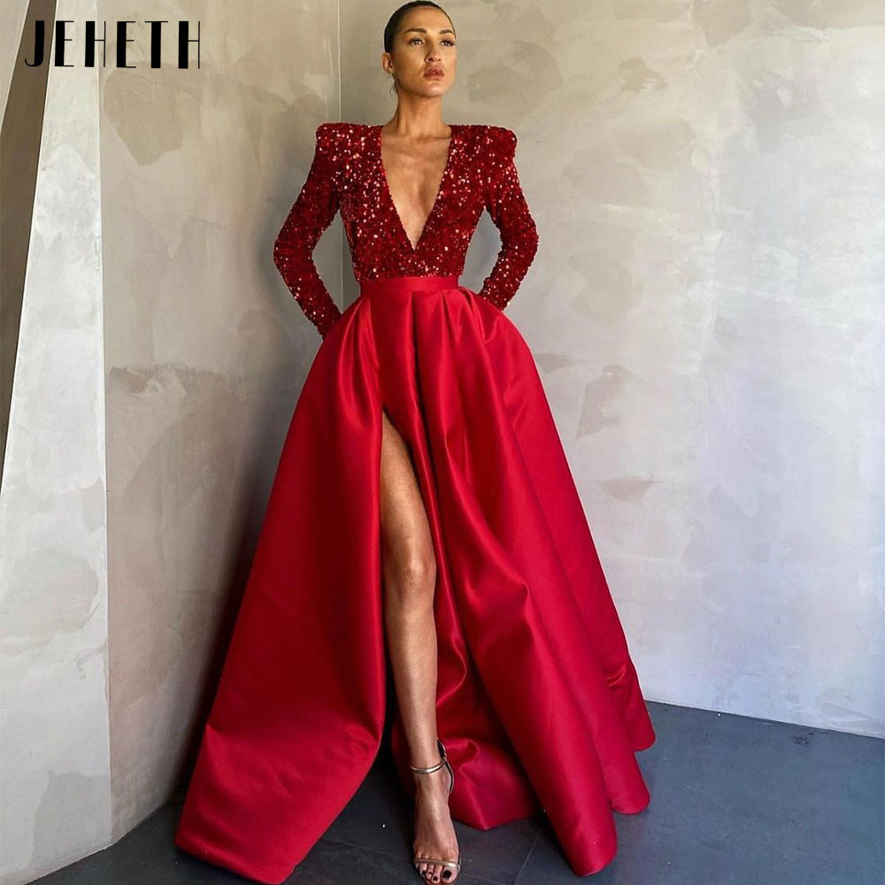 Jeheth Seksi Deep V-Guth Side Sequin Gece Elbise Uzun Kollu SATIN A HATTI PROM Resmi Elbise Elbise Çekişler Kat Uzun